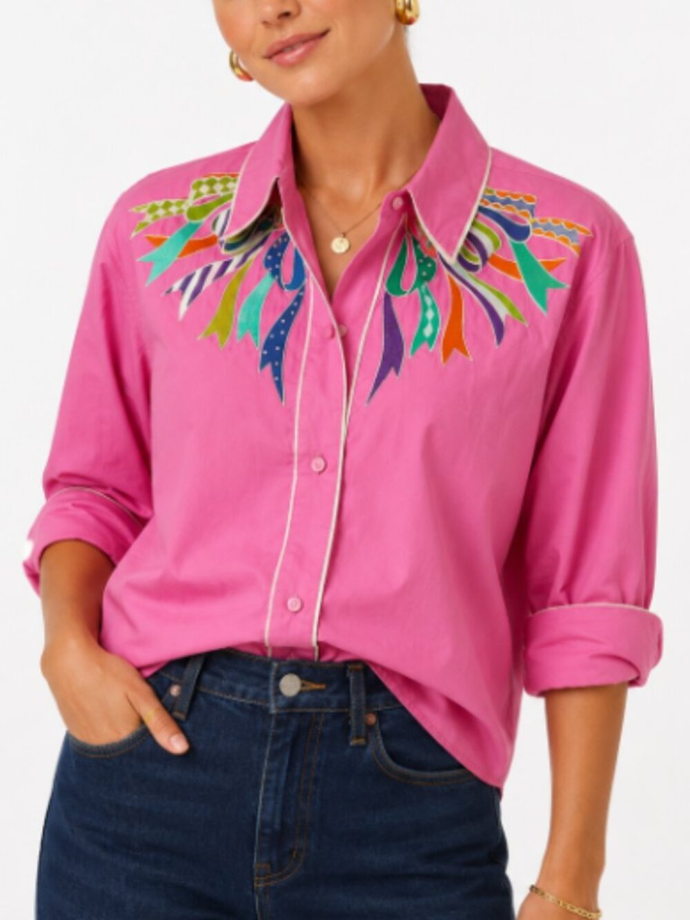 Bob Mackie Pink Embroidered Button Down Collar Shirt Cottagecore Whimsy Romantic
